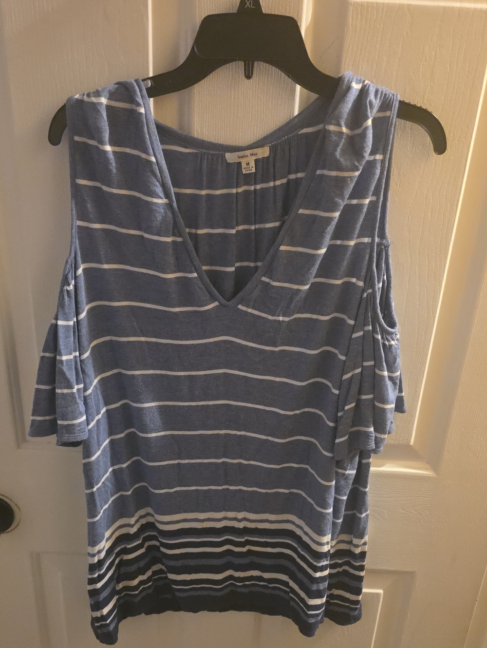 Sophie Max Blue & White Striped Cold-Shoulder V-Neck Tank